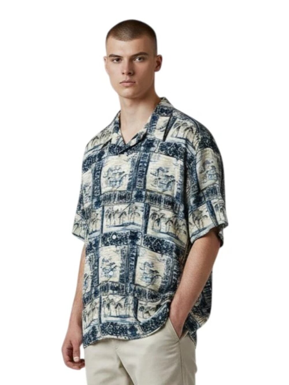 Munsingwear Hawaiian Shirt Size XL Rayon Button Down Palm Tree Blue Tropical